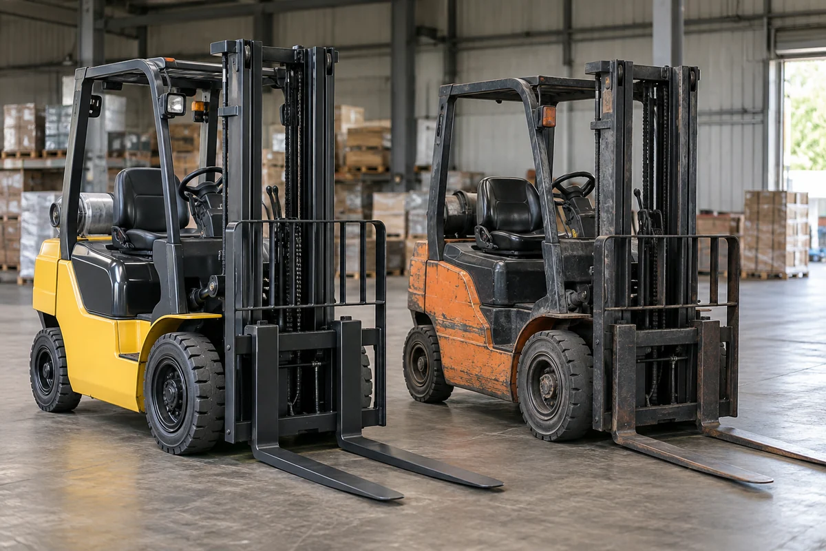 Two used forklifts with different cosmetic condition parked for comparison