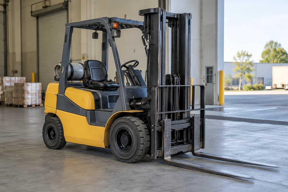 Used sit-down forklift parked in a spacious loading bay