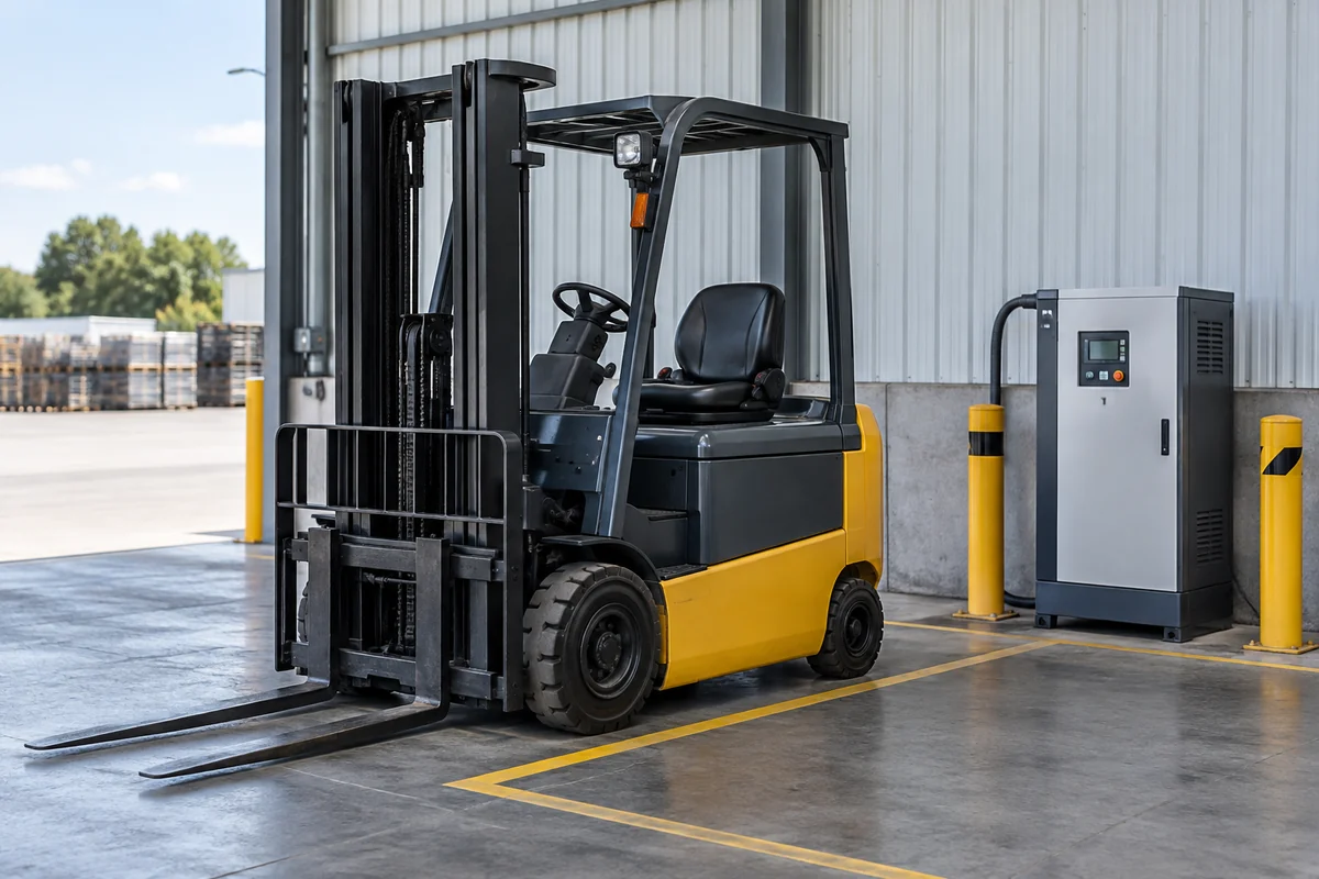 Used electric forklift parked beside a charger in a charging bay