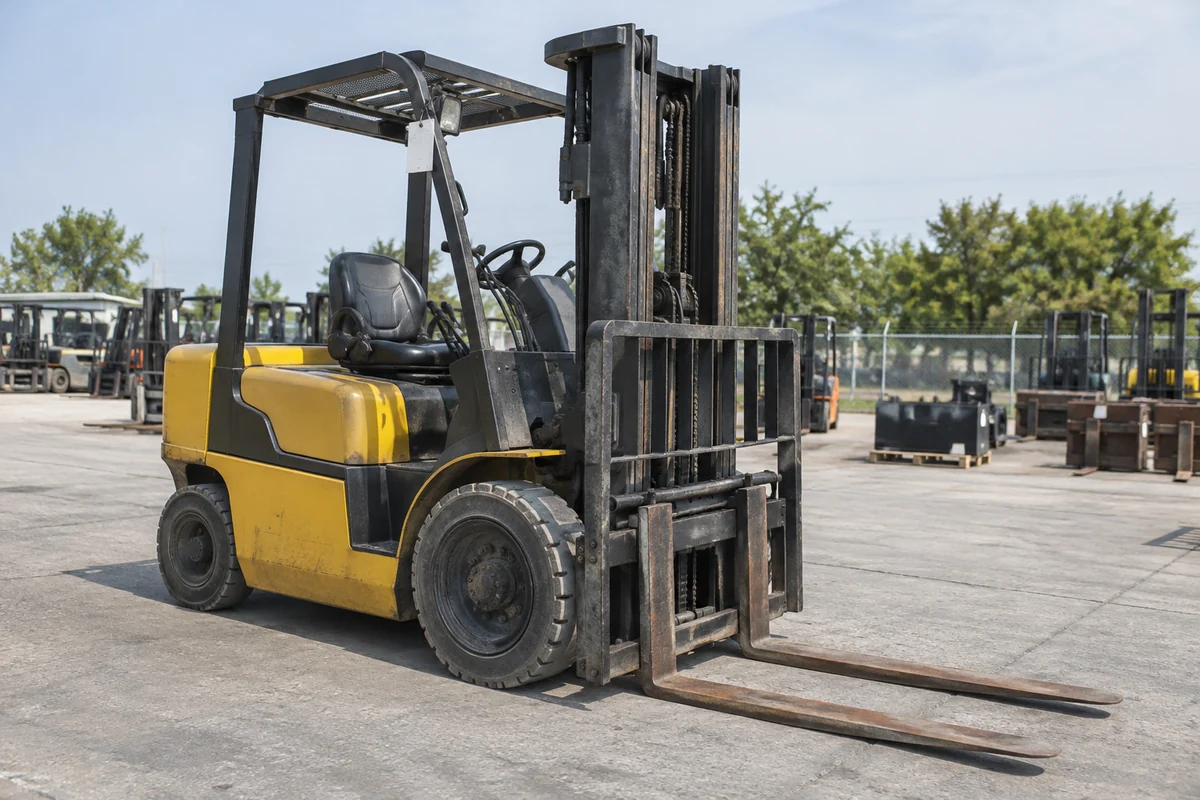 Parked used forklift in an equipment auction preview area