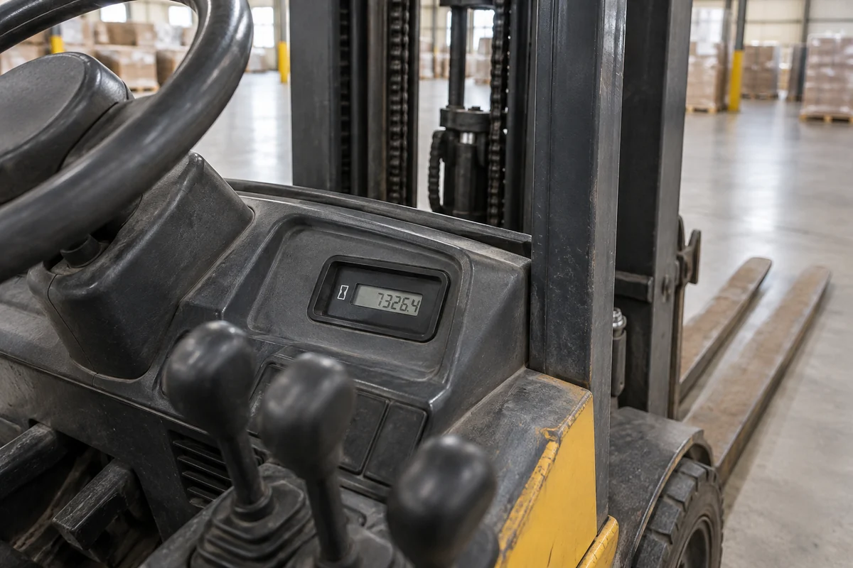 Hour-meter and dashboard detail on a parked used forklift