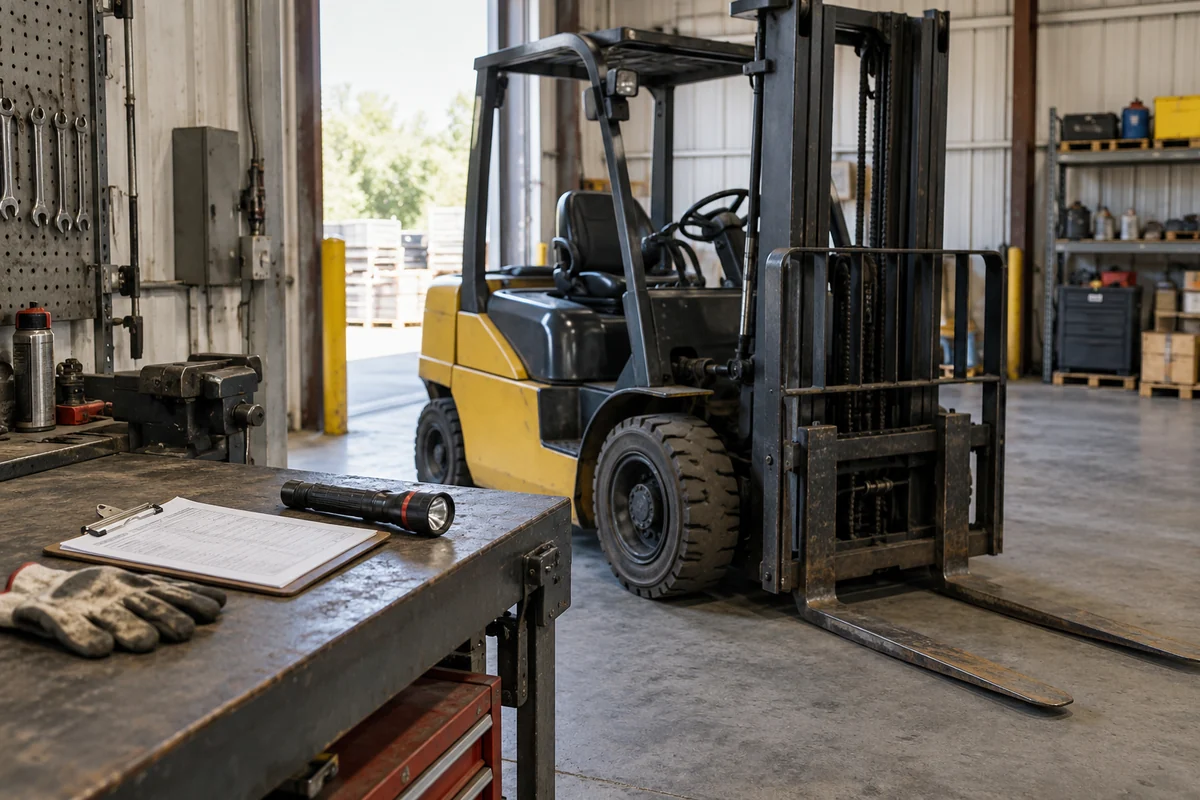 Parked used forklift beside inspection tools and a clipboard