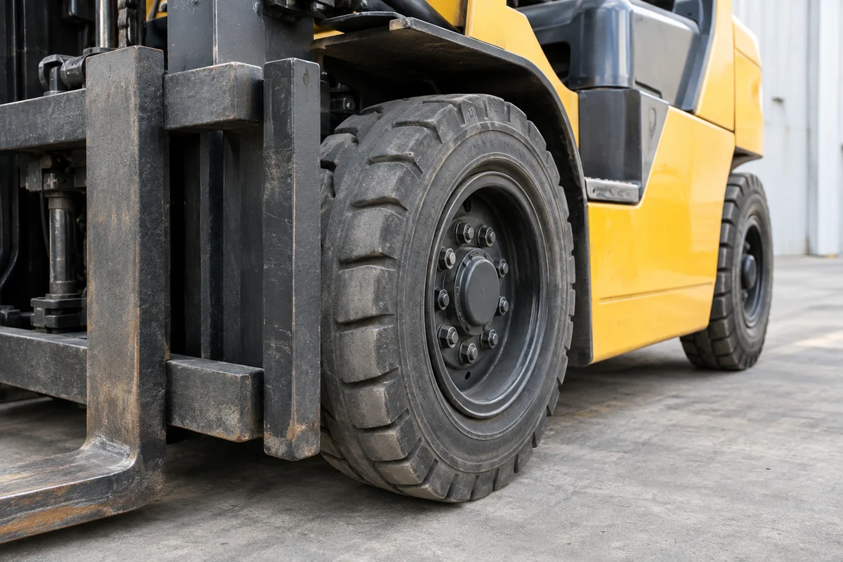 Close detail of a used forklift tire and wheel on a concrete floor