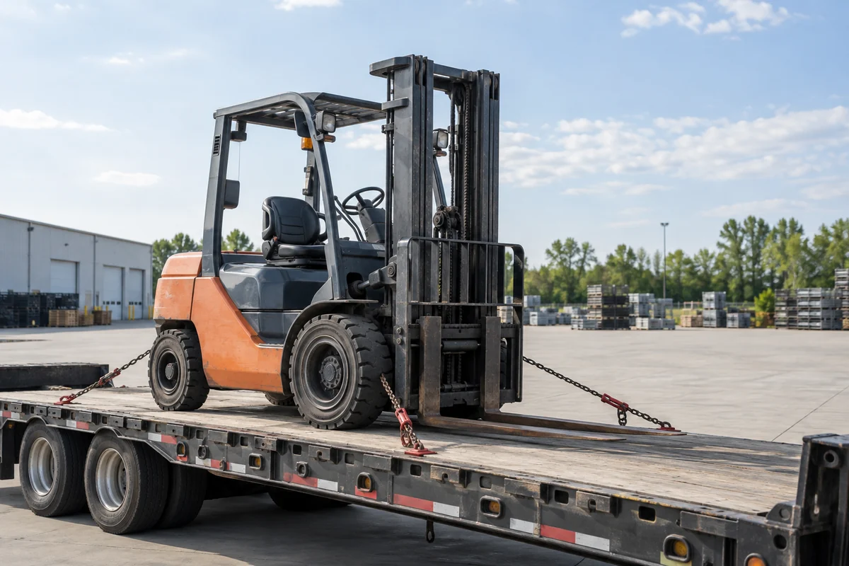 Used forklift secured on a parked low transport trailer