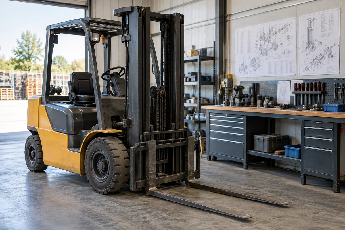 Used forklift beside an orderly workshop service bench
