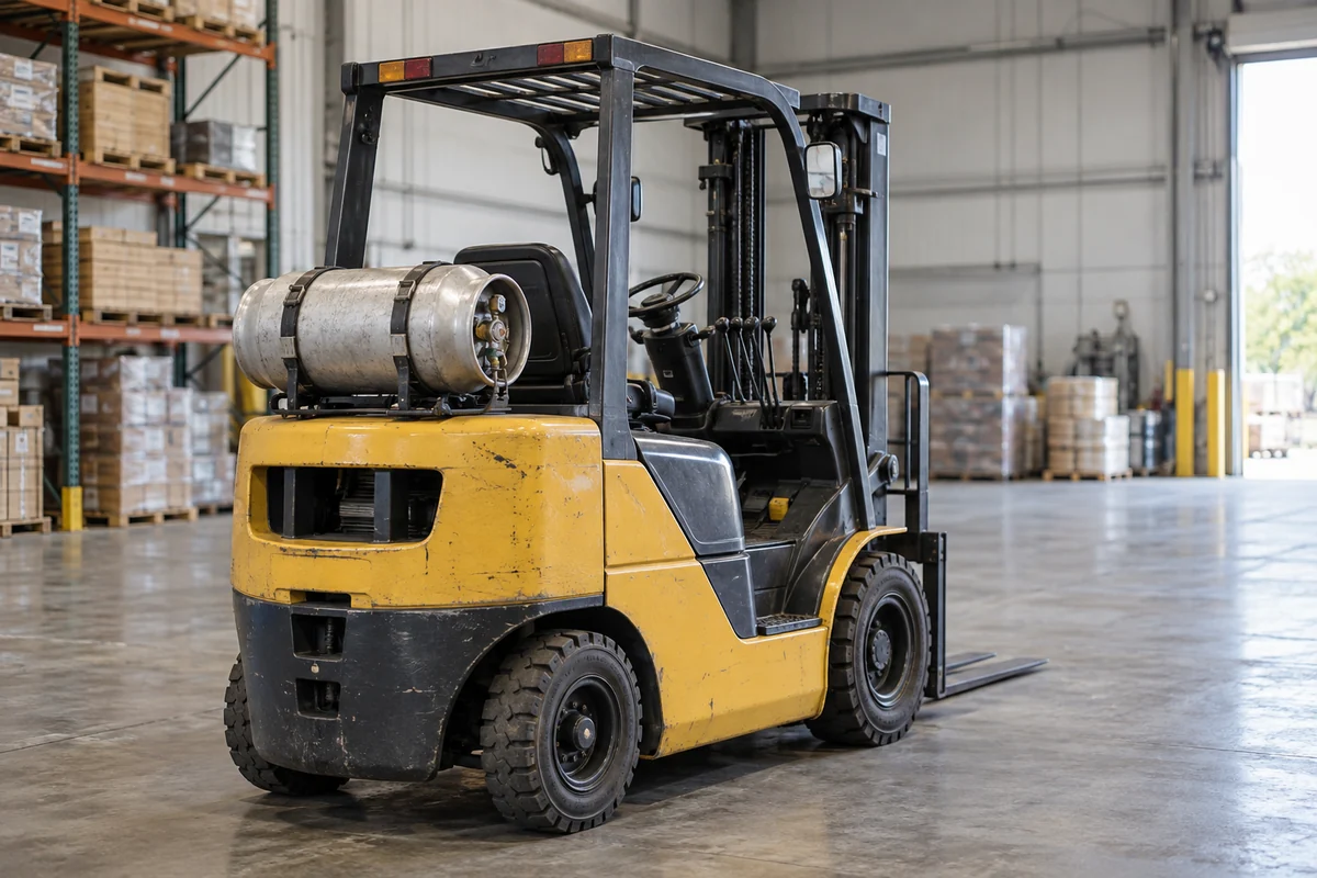 Rear view of a parked used propane forklift with secured cylinder